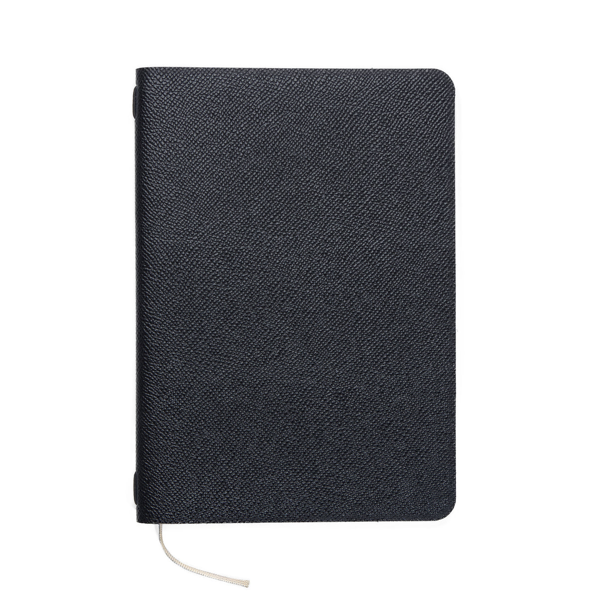 The Pensift leather cover in black Epsom-grain leather, front-on, with the beige ribbon.