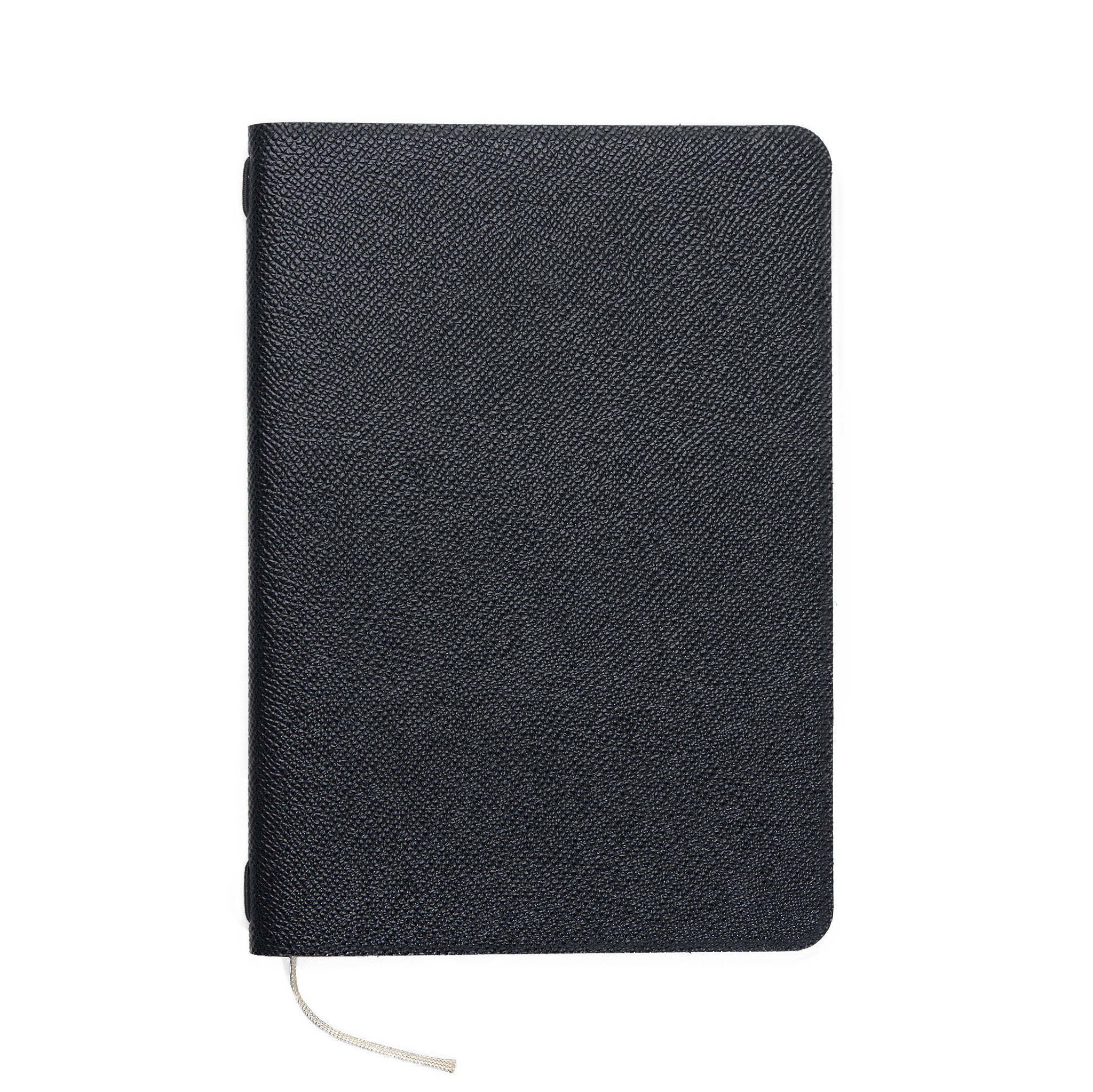 A top-down view of the closed Pensift Notebook, highlighting the fine cross-hatched grain of the black Italian Epsom leather and its completely unbranded exterior.