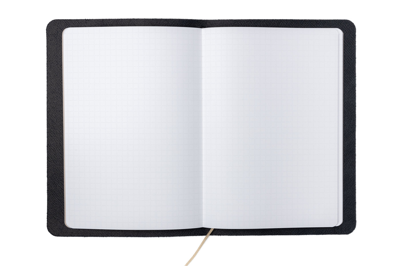 A top-down view of the Pensift Notebook lying completely flat, showcasing the seamless 5 mm dot grid writing surface, minimal black leather margins, and subtle bookmark ribbon.