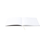 An open Pensift Notebook Refill demonstrating its thread-sewn lay-flat binding, revealing the 5 mm dot grid pages and the built-in ribbon bookmark.