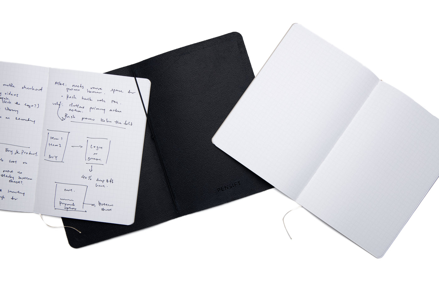 The Pensift Notebook refill system in action, showing the open black leather cover in the center, a completed refill filled with notes to the left, and a fresh, blank dot grid refill to the right.