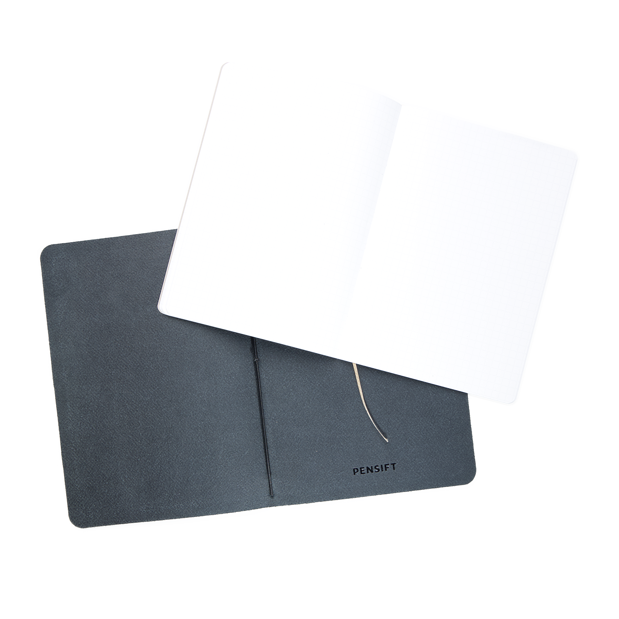 The Pensift Notebook, a premium refillable JIS B6 notebook, showing the open leather cover with a minimalist elastic loop, and an open lay-flat dot grid JIS B6 Refill resting on top.